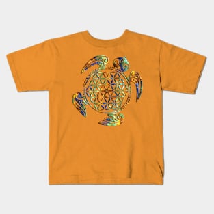 FLOWER OF LIFE SEA TURTLE - green blue orange Kids T-Shirt